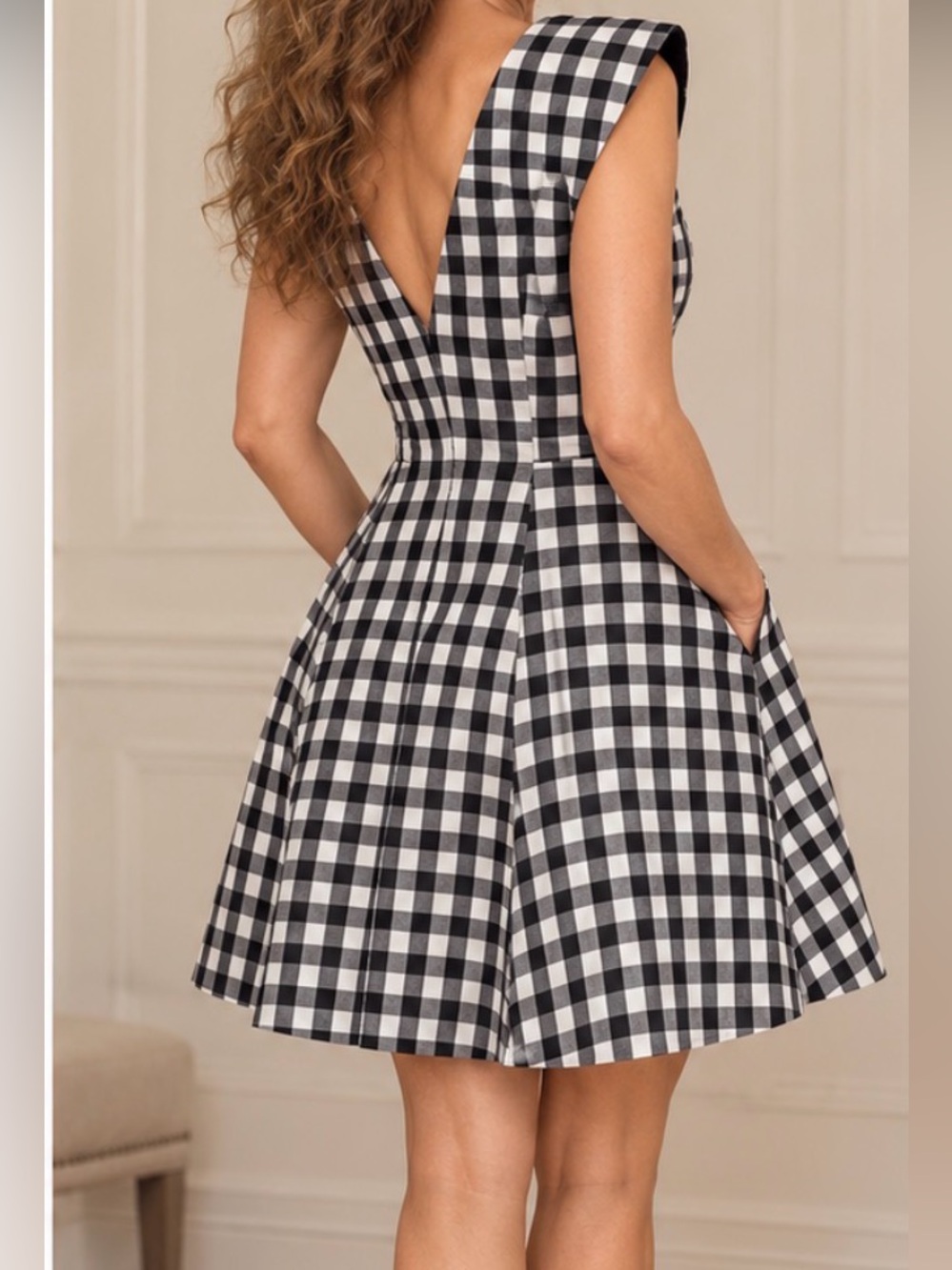Anthropologie MAEVE Black & White Gingham V-Neck Fit-and-Flare Dress - Picture 2 of 7